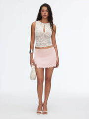Satin Low Rise Lace Trim Split Bodycon Mini Skirt