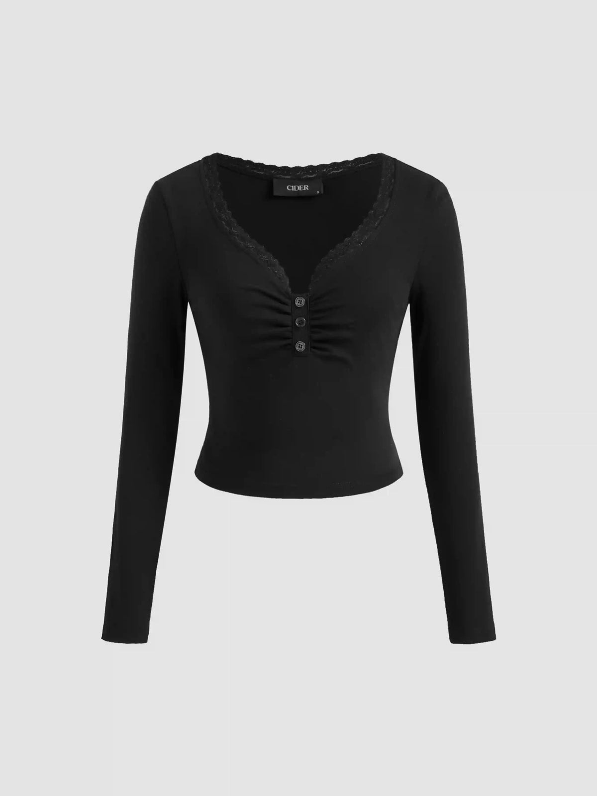 Cotton-blend V-neck Solid Lace Trim Button Ruched Long Sleeve Top