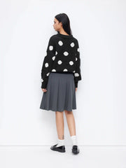 Knit Polka Dot Polo Neck Long Sleeve Oversized Top