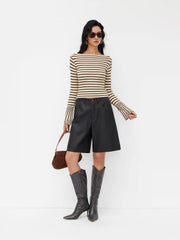 Knit Boat Neck Stripe Long Sleeve Crop Top