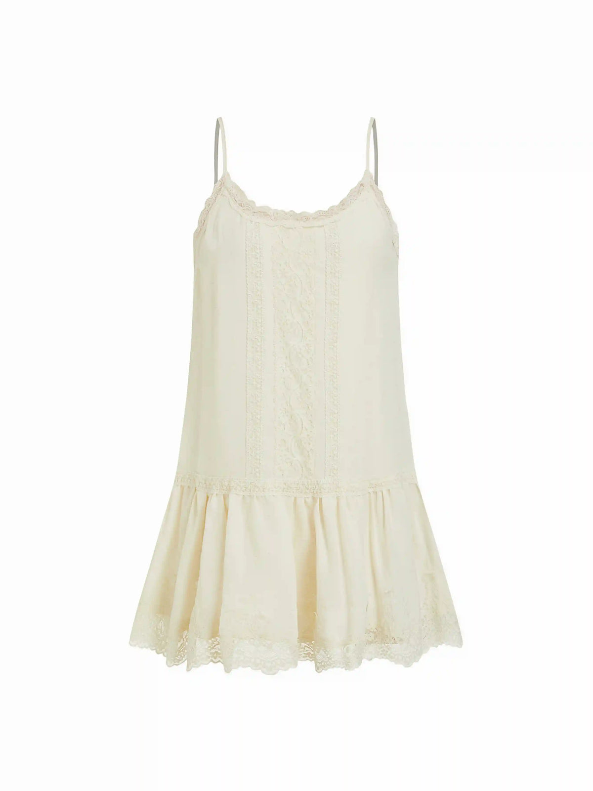 Chiffon Scoop Neck Lace Panel Ruffle Hem Straight Mini Dress