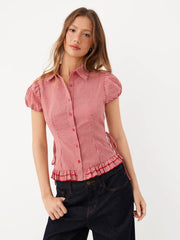 Cotton-blend Gingham Knotted Ruffle Hem Puff Sleeve Blouse