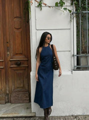 Stretch Washed Denim Halter Neck A-line Maxi Dress