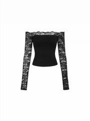 Lace Panel Off-shoulder Long Sleeve Crop Top