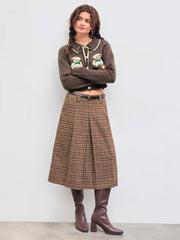 Wool-like Mid Rise Checks Pleated Maxi Skirt With Belt