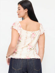 Chiffon Floral Square Neck Twist Knotted Ruffle Sleeve Crop Top Curve & Plus
