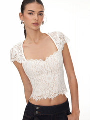 Cotton-blend Lace Scoop Neckline Short Sleeve Top
