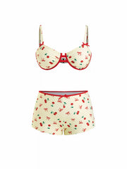 Fruit Graphic Sweetheart Contrasting Binding Underwire Top & Mid Rise Shorts Bikini Set Curve & Plus