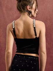 Velvet Square Neck Cami Top With Rhinestone Straps