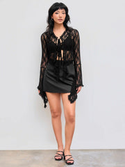 Lace V-neck Solid See-through Long Sleeve Top
