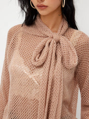 Knit High Neck Hollow Out Knotted Long Sleeve Top