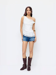Textured Asymmetrical Ruffled Lace Trim Tank Top