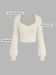 Knit V-neck Solid Lantern Sleeve Crop Top