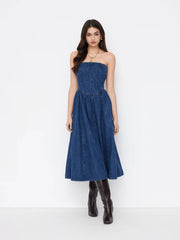 Denim Ruched Ruffle Hem Bandeau Maxi Dress
