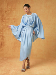 Satin Batwing Sleeve Asymmetrical Hem Rhinestone Maxi Dress