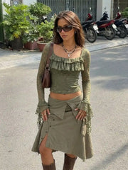 Lace Square Neck Ruffle Sleeve Crop Top