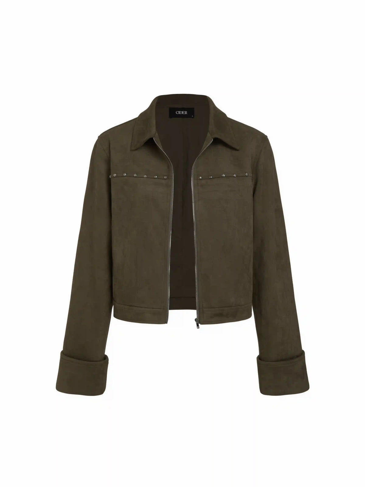 Suede Collar Long Sleeve Zip Through Jacket