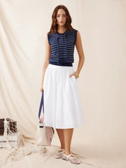 Cotton Mid Rise Draped Pleated Flared Midi Skirt