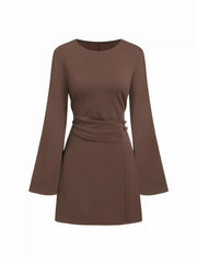 Round Neckline Side Belted Pleated Bell Sleeve Mini Dress