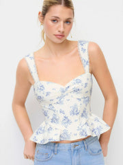 Textured Floral Sweetheart Ruched Peplum Crop Top