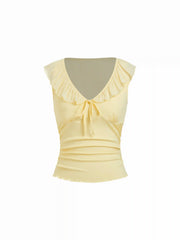 V-neck Ruffled Bowknot Ruched Tank Top