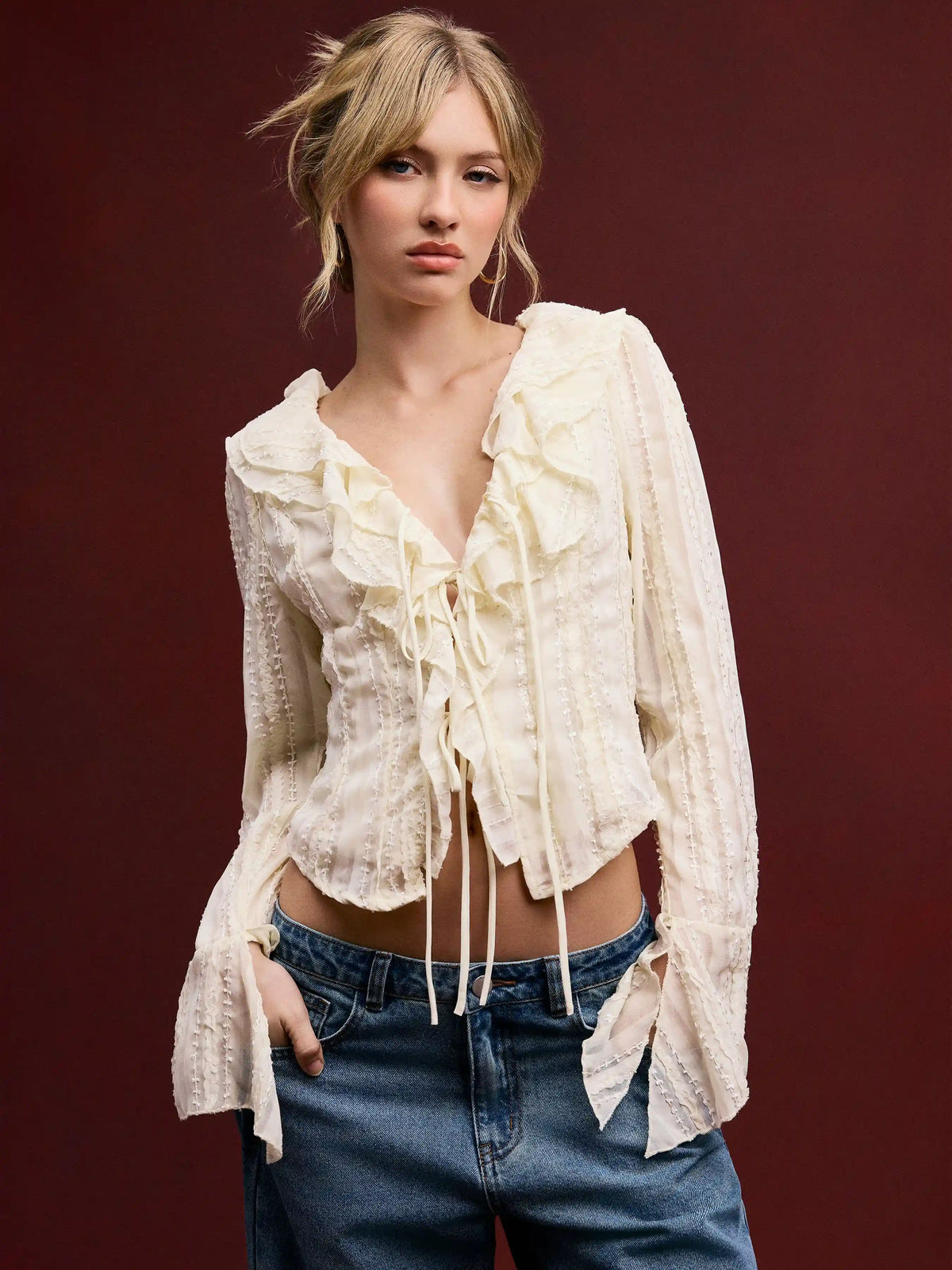 V-neck Long Sleeve Ruffle Trim Tie Front Bow Blouse
