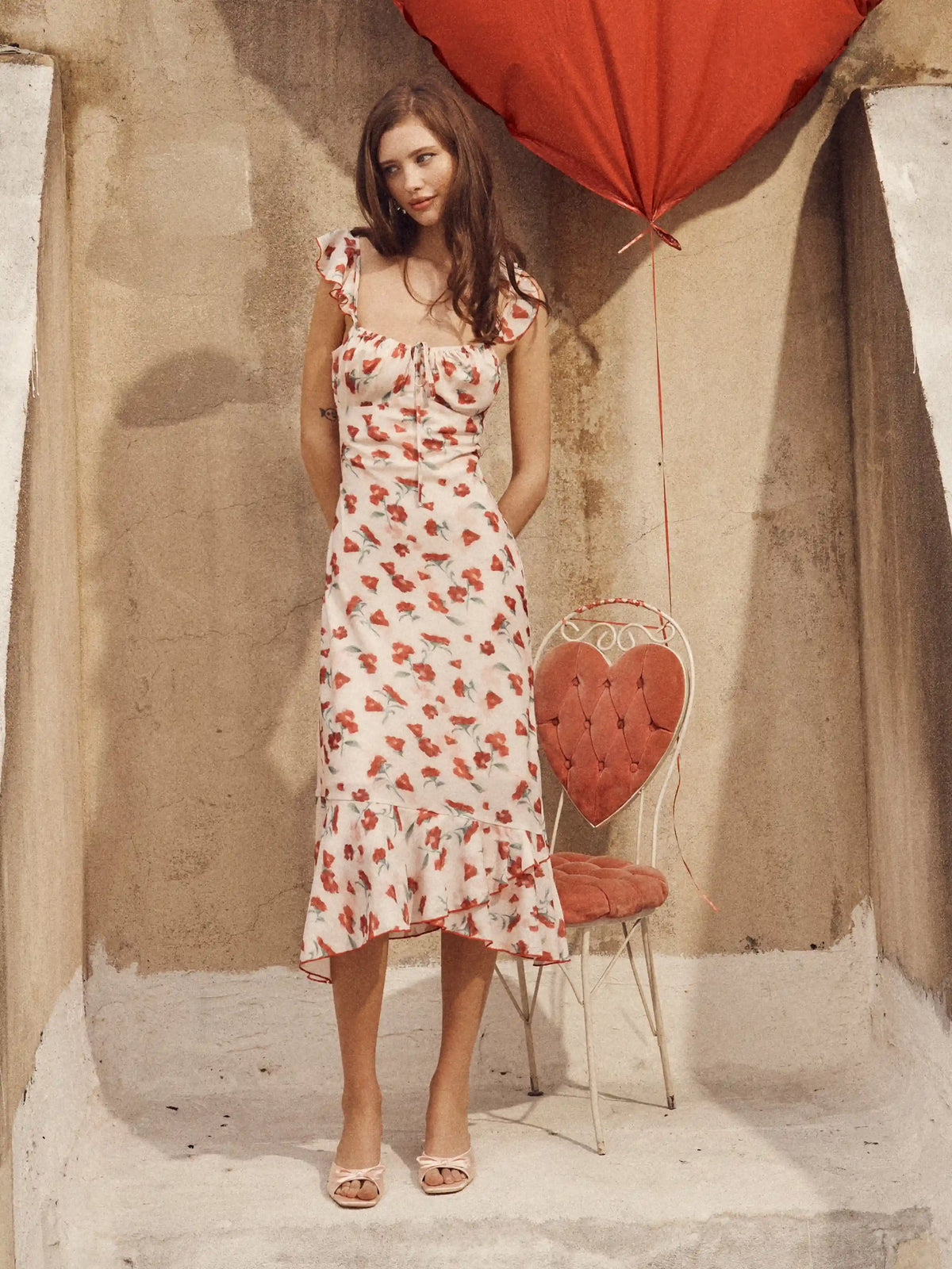 Chiffon Floral U-neckline Ruffle Hem Maxi Dress
