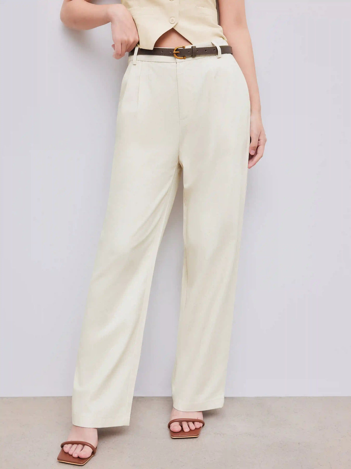 Belted Linen Straight Leg Pant
