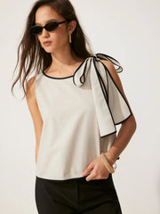 Linen-blend Boat Neck ColorBlock Knotted Blouse