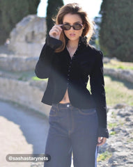 Velvet Stand Collar Lettuce Trim Bell Sleeve Jacket