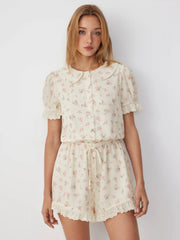 Floral Peter Pan Collar Puff Sleeve Lace Trim Mid Rise Romper