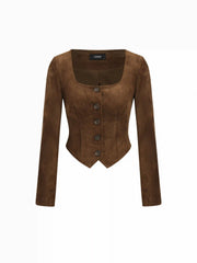 Suede Square Neck Long Sleeve Asymmetrical Hem Button Jacket