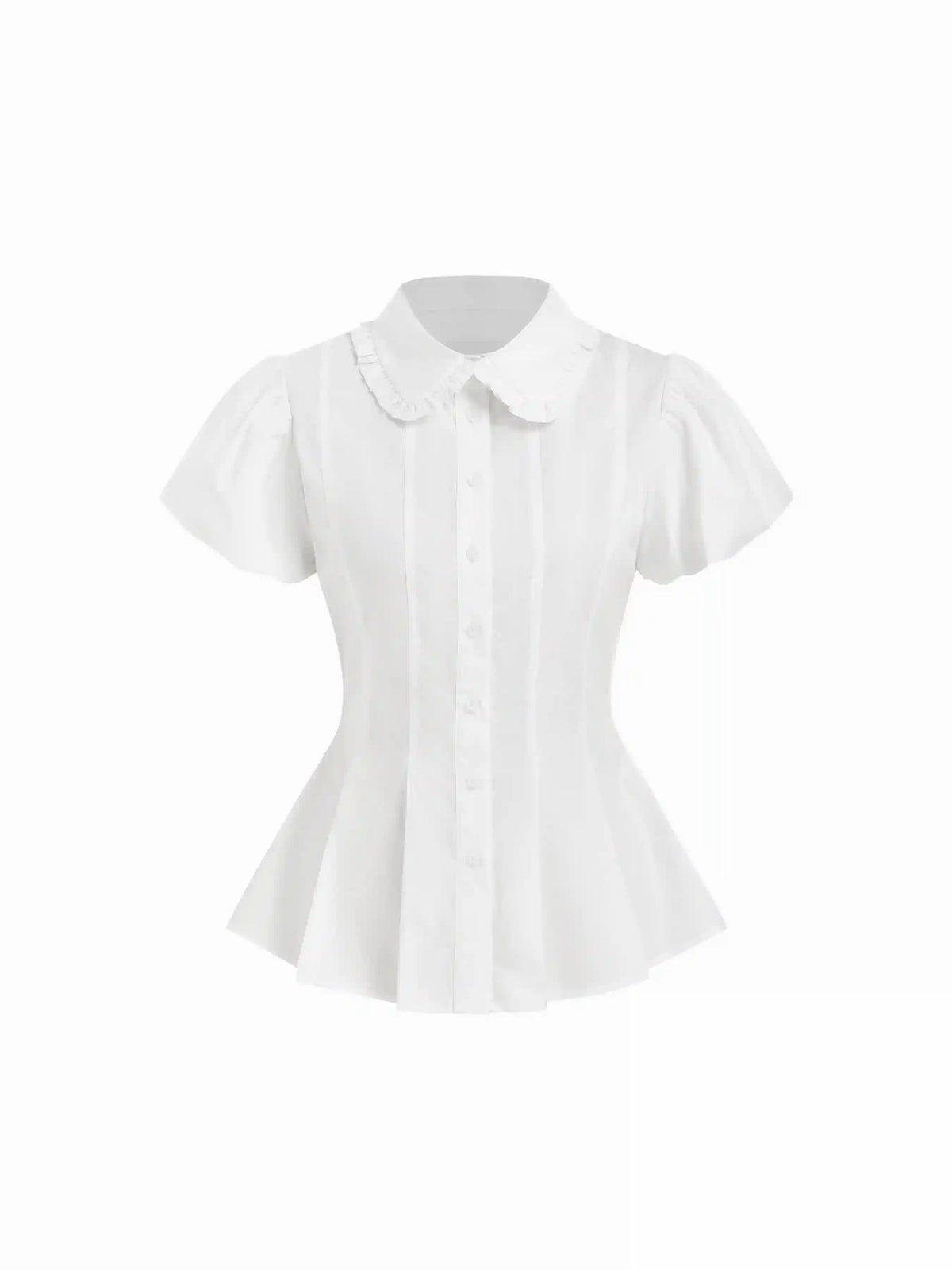 Cotton-blend Puff Sleeve Peter Pan Collar Peplum Blouse
