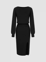 Wool-blend Round Neck Shirred Knitted Midi Dress With Shoulder Pads