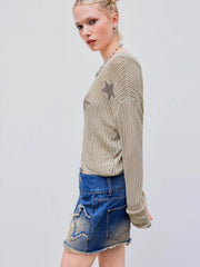 Asymmetrical Neck Star Knitted Long Sleeve Top