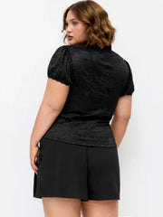 Lace Floral Stand Collar Bowknot Puff Sleeve Top Curve & Plus