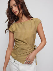 Textured Boat Neck Asymmetrical Hem Knotted Wrap Blouse