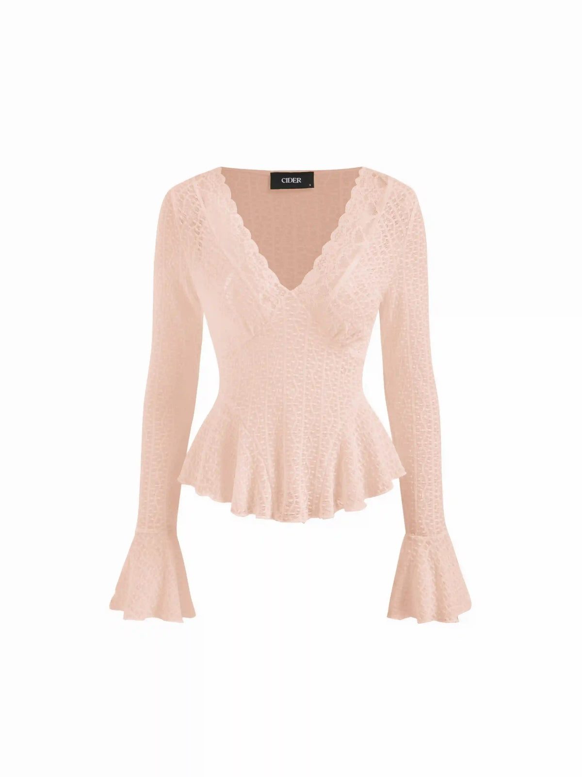 Textured Lace V-Neck Bell Sleeve Ruffled Peplum Top