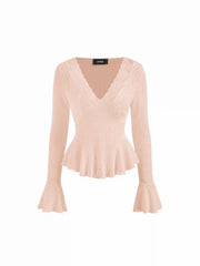 Textured Lace V-Neck Bell Sleeve Ruffled Peplum Top