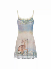 Mesh Deer Graphic Scoop Neck Lace Trim Bowknot Flared Mini Dress