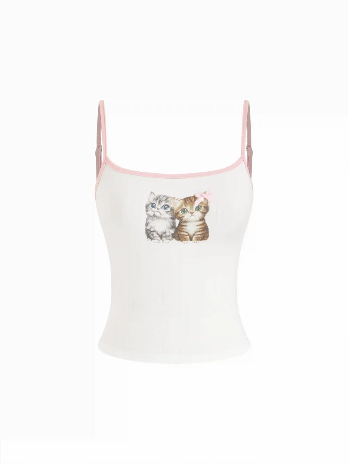 Cotton-blend Cat Graphic Scoop Neck Contrasting Binding Bowknot Cami Top
