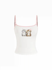Cotton-blend Cat Graphic Scoop Neck Contrasting Binding Bowknot Cami Top