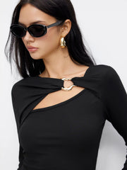 Asymmetrical Neck Long Sleeve Metal Detail Top