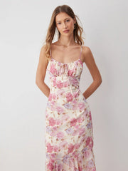 Floral Mid Rise Drawstring Cami Maxi Dress
