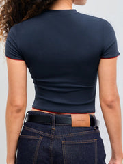 Round Neckline Pepper Embroidery Contrasting Binding Short Sleeve Tee