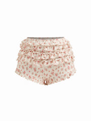 Cotton-blend Floral Button Crop Top & Mid Rise Lettuce Trim Layered Shorts Loungewear Set