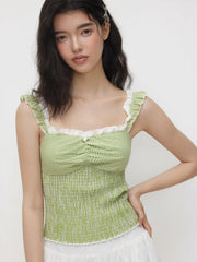 Cotton-blend Gingham Sweetheart Neckline Shirred Broderie Anglaise Trim Crop Top