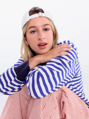 Cotton Striped Fish Embroidery Contrasting Binding Long Sleeve Tee