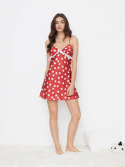 V-neck Polka Dot Lace Trim Bow Decor Mini Nightdress With Removable Padding