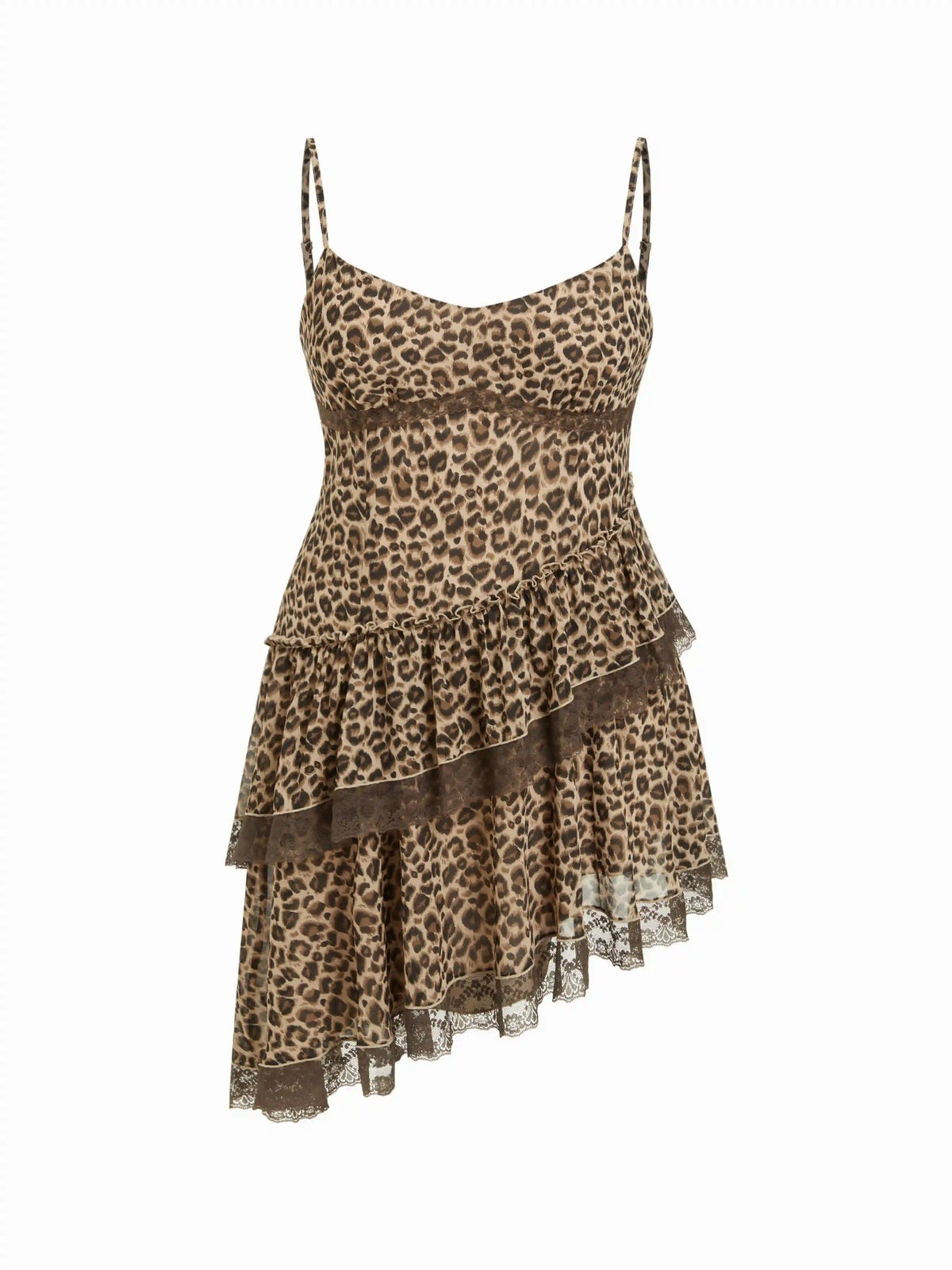 Leopard Sweetheart Lace Trim Cami Layered Midi Dress Curve & Plus